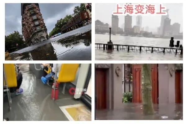 El tifón Dolphin, el decimotercer tifón de 2026, azotó el este de China, lo que llevó a varias zonas a emitir alertas rojas por tormentas. Las precipitaciones registradas en Shanghái en un período de 24 horas batieron un récord de 154 años de observaciones. (Capturas de pantalla de redes sociales; montaje de The Epoch Times)