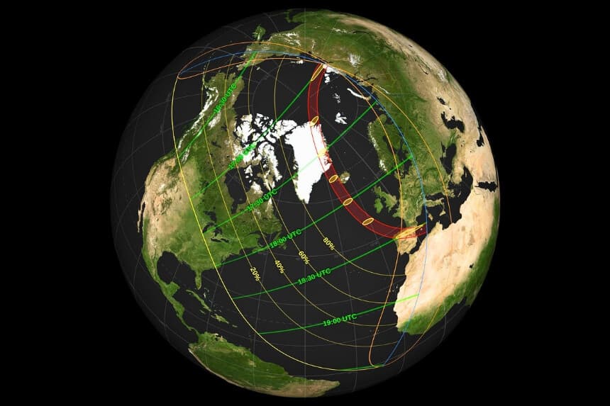 Mapa que muestra el recorrido de un eclipse solar que tendrá lugar el 12 de agosto de 2026. (Cortesía de la NASA).
