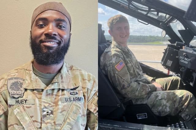 El suboficial jefe de segunda clase Deontre T. Huey (Izq.) y el suboficial Seth L. Olmstead fallecieron en un accidente de helicóptero Apache durante un vuelo de prueba de mantenimiento, el 12 de agosto de 2026. (Ejército de Estados Unidos)