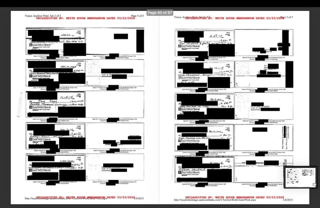 Los documentos recientemente desclasificados y publicados por el Grupo de Trabajo sobre Transparencia Gubernamental de la Casa Blanca el 17 de agosto incluían cheques emitidos a nombre de la espía china Christine Fang y recibidos por ella, relacionados con infracciones en el financiamiento de campañas electorales. (Cortesía de la Casa Blanca)