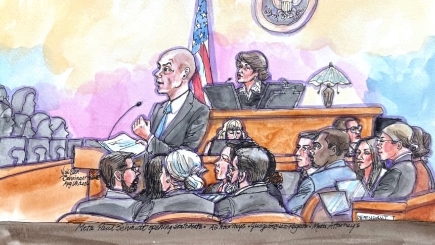 El abogado de Meta, Paul Schmidt, presenta sus alegatos iniciales ante la jueza federal de distrito Yvonne González Rogers, en el marco de un juicio histórico que se lleva a cabo en una corte federal contra Meta por demandas presentadas por 29 estados, en las que se alega que la empresa recopiló indebidamente datos de menores, diseñó sus plataformas de redes sociales para crear adicción en los niños y engañó al público sobre su seguridad, en Oakland, California, el 18 de agosto de 2026, según un boceto de la sala de la corte. (Vicki Behringer/Reuters)