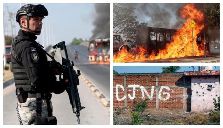 Un miembro de la Fiscalía monta guardia cerca de un autobús en llamas en una de las principales avenidas, luego de que grupos del crimen organizado le prendieran fuego en respuesta a un operativo en Jalisco. (Foto de Ulises Ruiz / AFP vía Getty Images)/ Autobús en llamas. (Foto de Ulises RUIZ / AFP vía Getty Images)/ Vista de un muro (Foto de ENRIQUE CASTRO/AFP vía Getty Images)