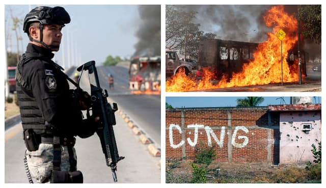Un miembro de la Fiscalía monta guardia cerca de un autobús en llamas en una de las principales avenidas, luego de que grupos del crimen organizado le prendieran fuego en respuesta a un operativo en Jalisco. (Foto de Ulises Ruiz / AFP vía Getty Images)/ Autobús en llamas. (Foto de Ulises RUIZ / AFP vía Getty Images)/ Vista de un muro (Foto de ENRIQUE CASTRO/AFP vía Getty Images)