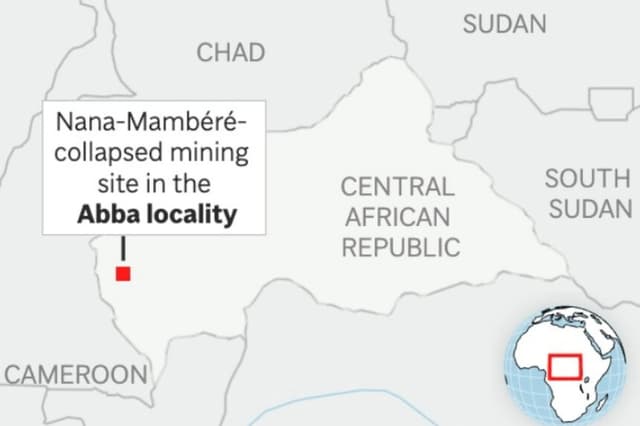 El mapa muestra la ubicación general del derrumbe de una mina artesanal en la localidad de Nana-Mambéré Aba, en la República Centroafricana. (AP Digital Embed).