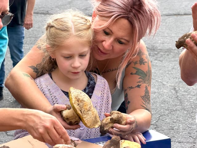 Michelle Lindsay (derecha) instruye a su hija Jovie, de 7 años, sobre cómo manipular una seta silvestre durante una excursión patrocinada por la Sociedad Micológica de Arizona en Flagstaff, Arizona, el 14 de agosto de 2026. (Allan Stein/The Epoch Times).