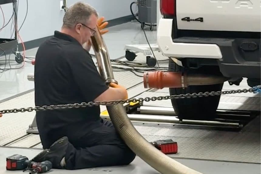 Un empleado de SEMA prepara un vehículo para la prueba de emisiones en el taller de la compañía en Detroit, Plymouth, Michigan, el 28 de julio de 2026. (Travis Gillmore/The Epoch Times).