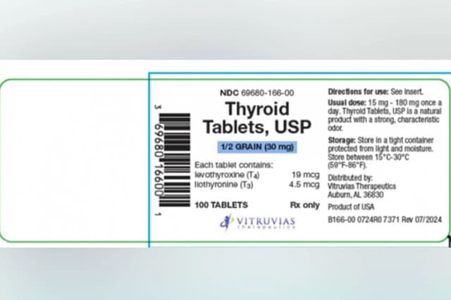Vitruvias Therapeutics Inc. retira voluntariamente del mercado un lote (lote n.° 504950) de tabletas para la tiroides el 21 de agosto de 2026. (Cortesía de la FDA).