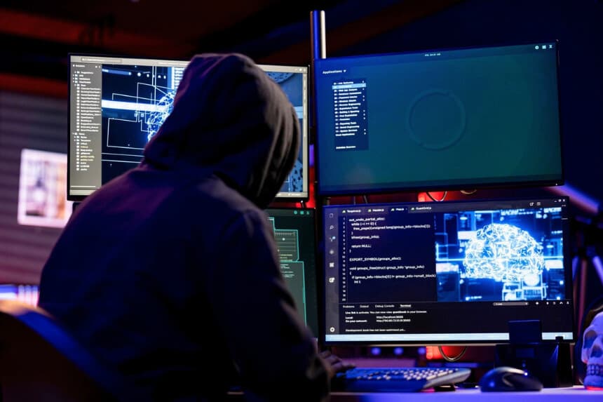 Un hacker con capucha programando en una computadora. (Shutterstock).