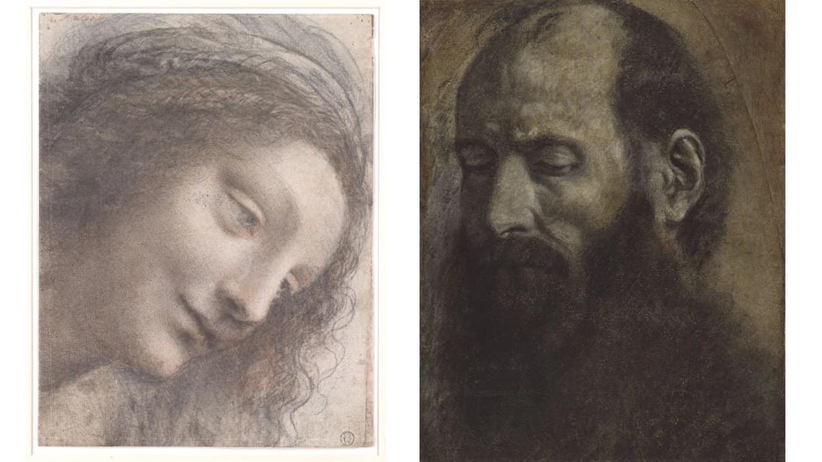 (Izquierda) La cabeza de la Virgen en perspectiva de tres cuartos mirando hacia la derecha, 1510–1513, de Leonardo da Vinci. Tiza negra, carboncillo y tiza roja, con trazas de tiza blanca; 8 pulgadas por 6 1/8 pulgadas. Fondo Harris Brisbane Dick, 1951; Museo Metropolitano de Arte, Nueva York. (Derecha) «San Pablo», 1533, de Giovanni Girolamo Savoldo. Tiza negra, blanca y roja sobre papel azul; 11 3/16 pulgadas por 8 7/8 pulgadas. Colección del Museo Getty, Los Ángeles. (Dominio público)