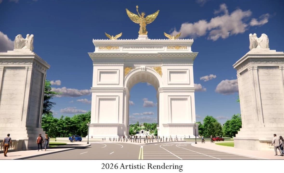 El secretario del Interior, Doug Bergum, compartió esta representación artística del Gran Arco del Triunfo al anunciar los planes para seguir adelante con los trabajos de excavación del proyecto el 3 de septiembre de 2026. (Departamento del Interior)