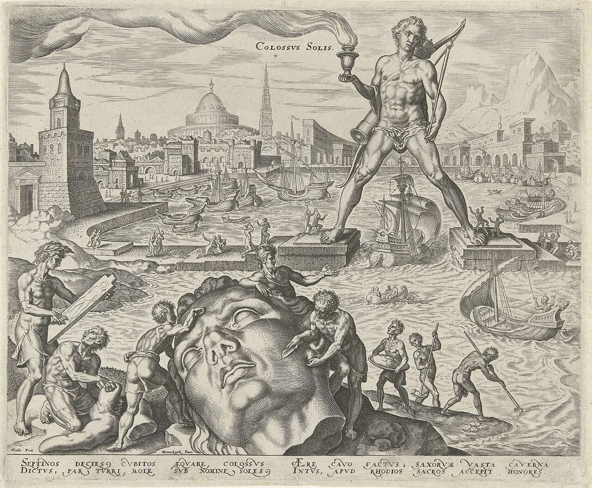 Reconstrucción artística del Coloso de Rodas, la gigantesca estatua de bronce de Helios erigida en el año 280 a. C. para conmemorar la defensa de la ciudad. (Dominio público)