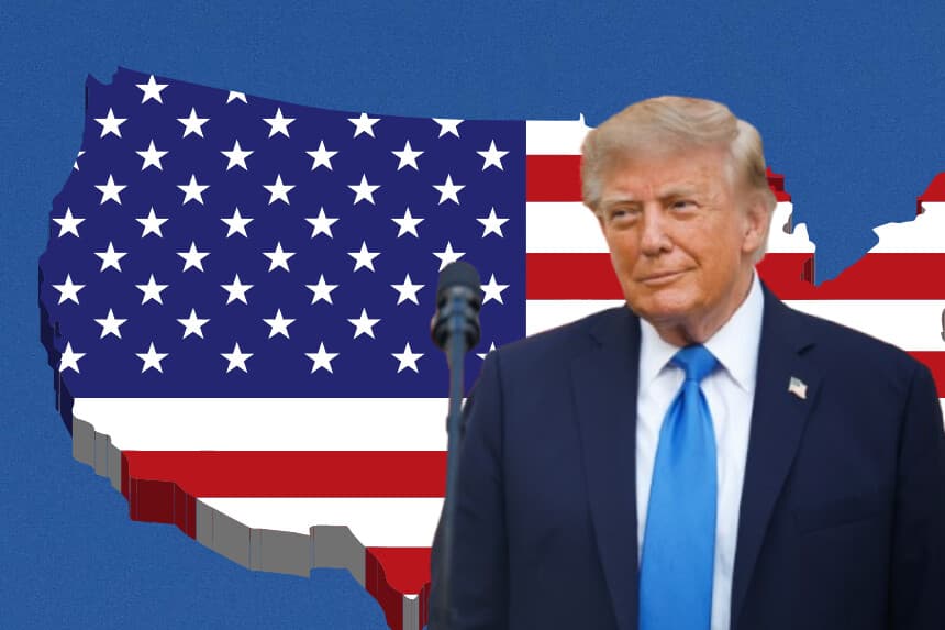 Ilustración de The Epoch Times. El presidente de EE. UU., Donald Trump, en la Casa Blanca el 2 de septiembre de 2026 en Washington, DC. (Kevin Dietsch/Getty Images); Bandera de EE. UU. (Pixabay/
OpenClipart-Vectors)