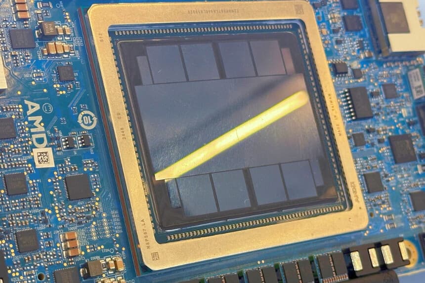 Un chip de inteligencia artificial de AMD se exhibe en el Centro de Convenciones McEnery de San José, California, el 12 de junio de 2025. (Reuters/Max A. Cherney/Foto de archivo).