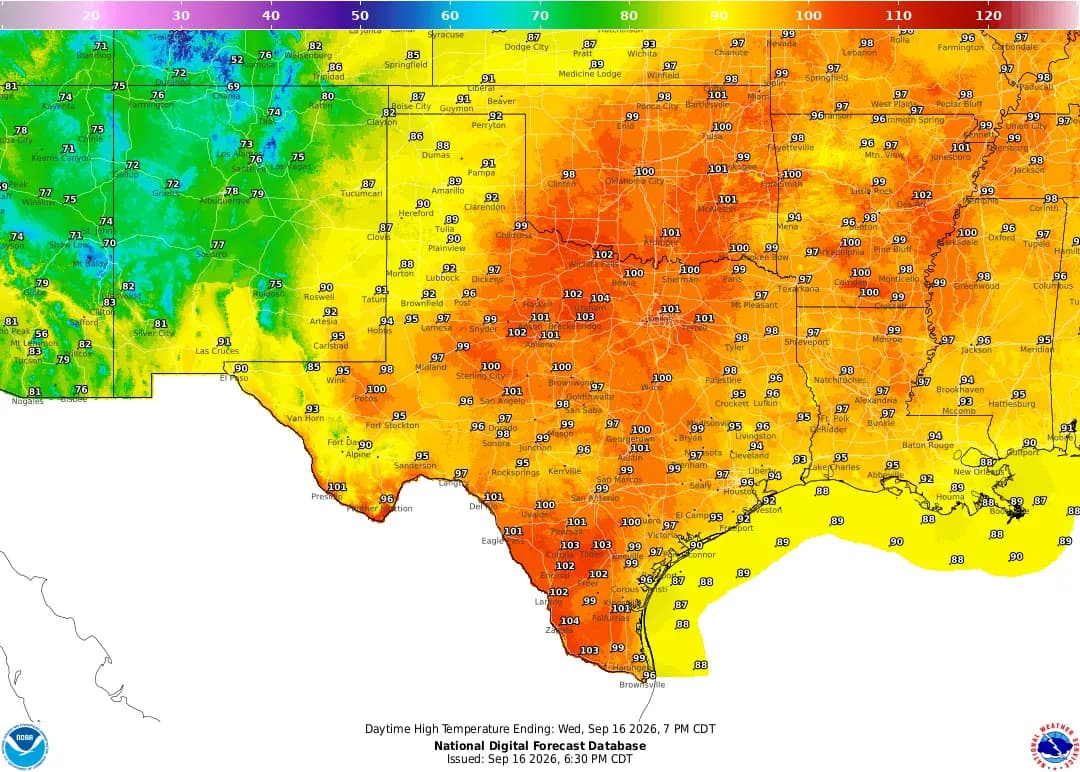 El Centro Meteorológico Nacional publicó un mapa que muestra las temperaturas máximas del día en lugares como Texas, Oklahoma, Arkansas y Luisiana el 16 de septiembre de 2026. (NWS)