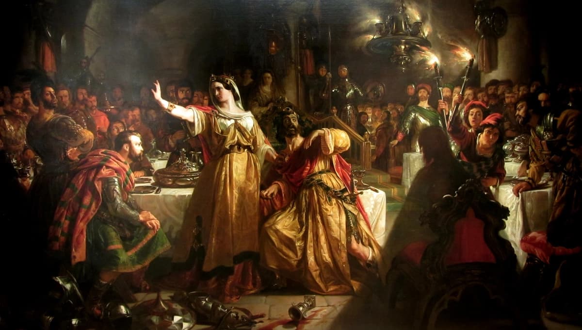 “La escena del banquete en ‘Macbeth’ de Shakespeare”, cuando Macbeth ve el fantasma del rey al que asesinó, por Daniel Maclise. (Dominio público).