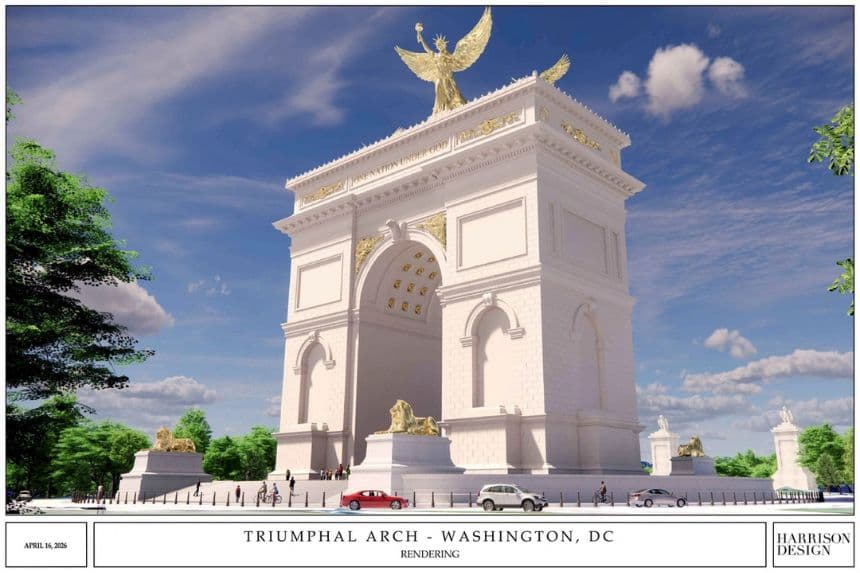 Representación artística del "Arco de la Independencia" propuesto por el presidente Donald Trump, en un documento distribuido, el 10 de abril de 2026. (Comisión de Bellas Artes de EE. UU./Documento distribuido a través de Reuters)