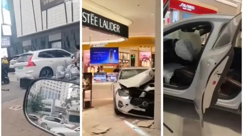 Hombre choca con su auto contra un centro comercial en China y deja 2 heridos