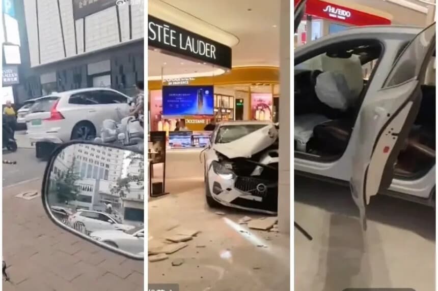 Un automóvil se estrelló contra un centro comercial en Baoding, en la provincia de Hebei, la tarde del 20 de septiembre. (Captura de pantalla de The Epoch Times).