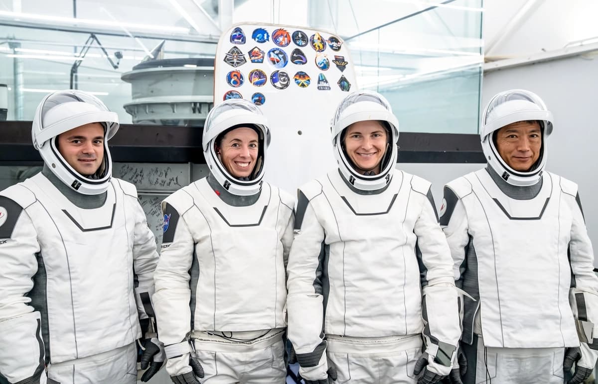 Entrenamiento previo al vuelo de la tripulación Crew-14 en SpaceX. Arutyun Kiviryan (RSA), Chris Birch (NASA), Kayla Barron (NASA) y Makoto Suwa (JAXA). (NASA/SpaceX)