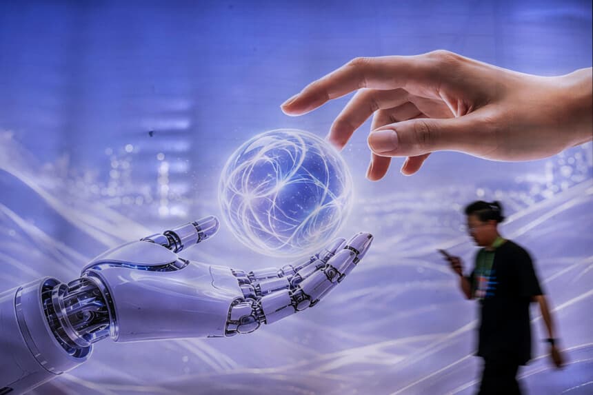 : Un hombre pasa junto a una valla publicitaria que muestra un robot humanoide en la sección de inteligencia artificial de la Exposición Internacional de la Cadena de Suministro de China (CISCE), el 26 de junio de 2026 en Beijing, China. (Kevin Frayer/Getty Images)