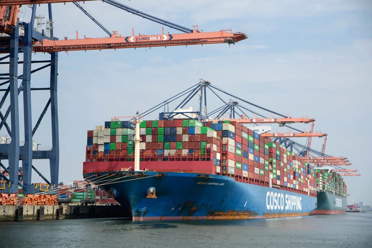 Un buque de carga de la empresa china COSCO en el puerto de Róterdam, Países Bajos, el 31 de julio de 2024. (Mihut Savu/The Epoch Times)