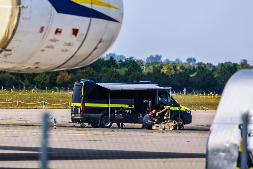 Los investigadores policiales trabajan en la pista con un robot capaz de desactivar explosivos, cerca del avión de carga ucraniano Antonov en el aeropuerto de Leipzig/Halle, Alemania, el 5 de agosto de 2026. (Jens Schlueter/Getty Images).