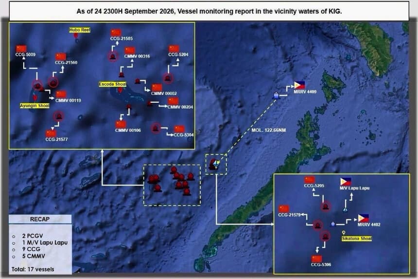 Un informe de seguimiento de la Guardia Costera de Filipinas muestra las posiciones de buques filipinos y chinos en las cercanías del grupo de islas Kalayaan durante una misión de rotación y reabastecimiento en el banco de Ayungin el 24 de septiembre de 2026. (Cortesía de la Guardia Costera de Filipinas).