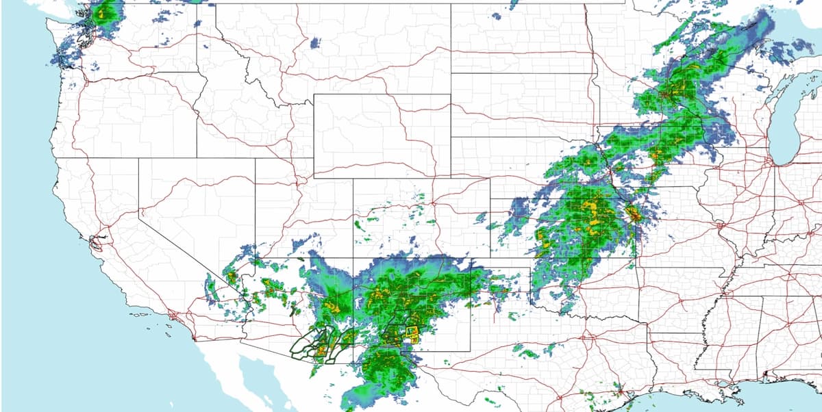 Imagen de radar del suroeste y centro de Estados Unidos con los restos del huracán Polo el 29 de septiembre de 2026. (Servicio Nacional de Clima)