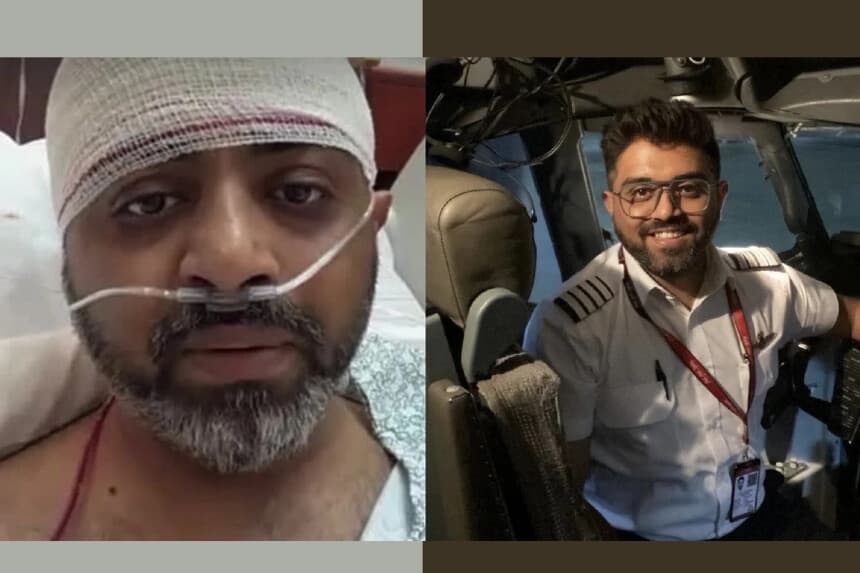 (Izquierda) Una captura de pantalla del piloto de Flydubai, Smit Machchhar, conversando con el primer ministro de la India, Narendra Modi, durante una videollamada. (Oficina del primer ministro de la India a través de ANI y Reuters); (Derecha) Machchhar en la cabina de su avión. (Imagen proporcionada por el Ministerio de Relaciones Exteriores de Israel a través de Reuters).