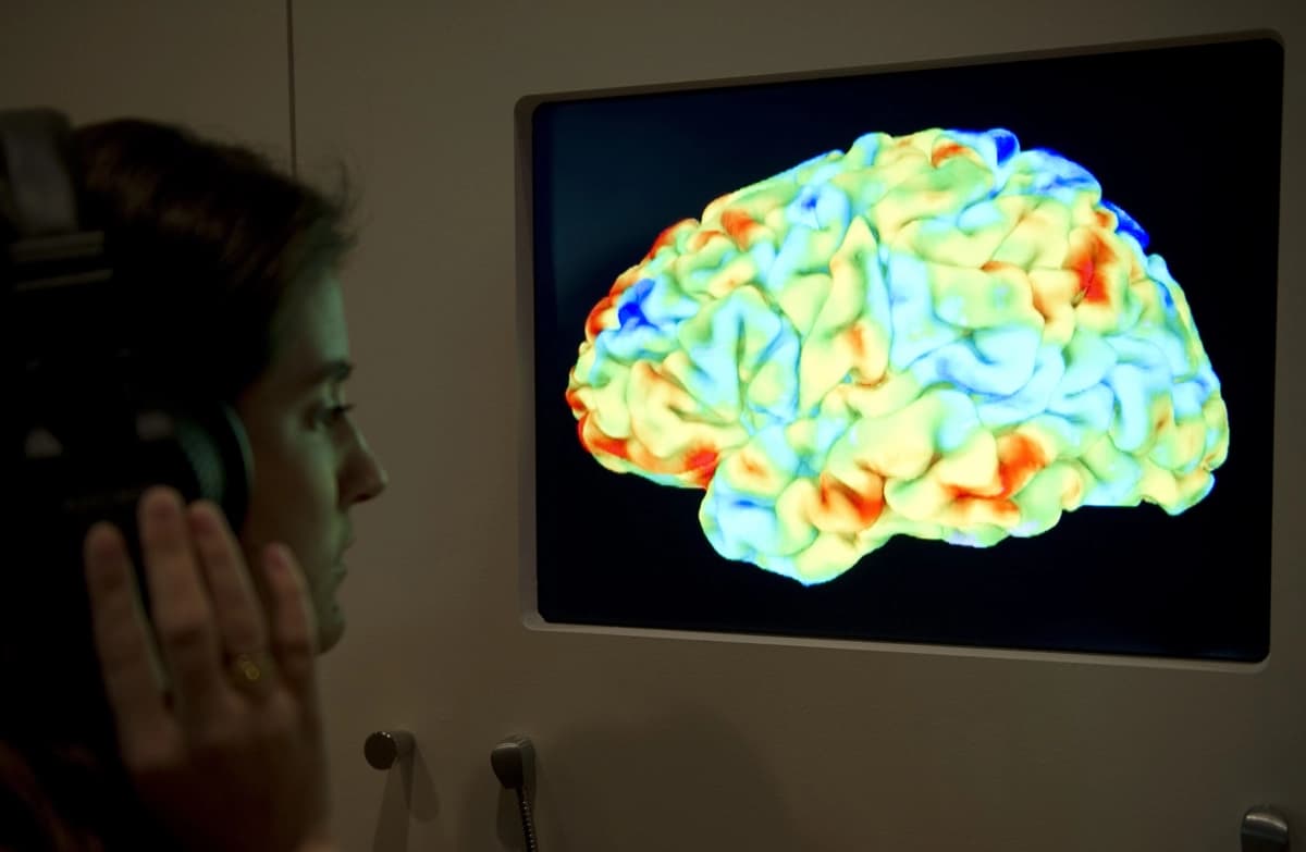 Una mujer observa una imagen de resonancia magnética funcional (fMRI) que muestra el efecto de La consagración de la primavera de Stravinsky y la tercera crítica de Kant en el cerebro humano durante la importante nueva exposición de la Wellcome Collection, "Cerebros: mente y materia", en Londres, el 27 de marzo de 2012. (Miguel Medina/AFP/Getty Images)