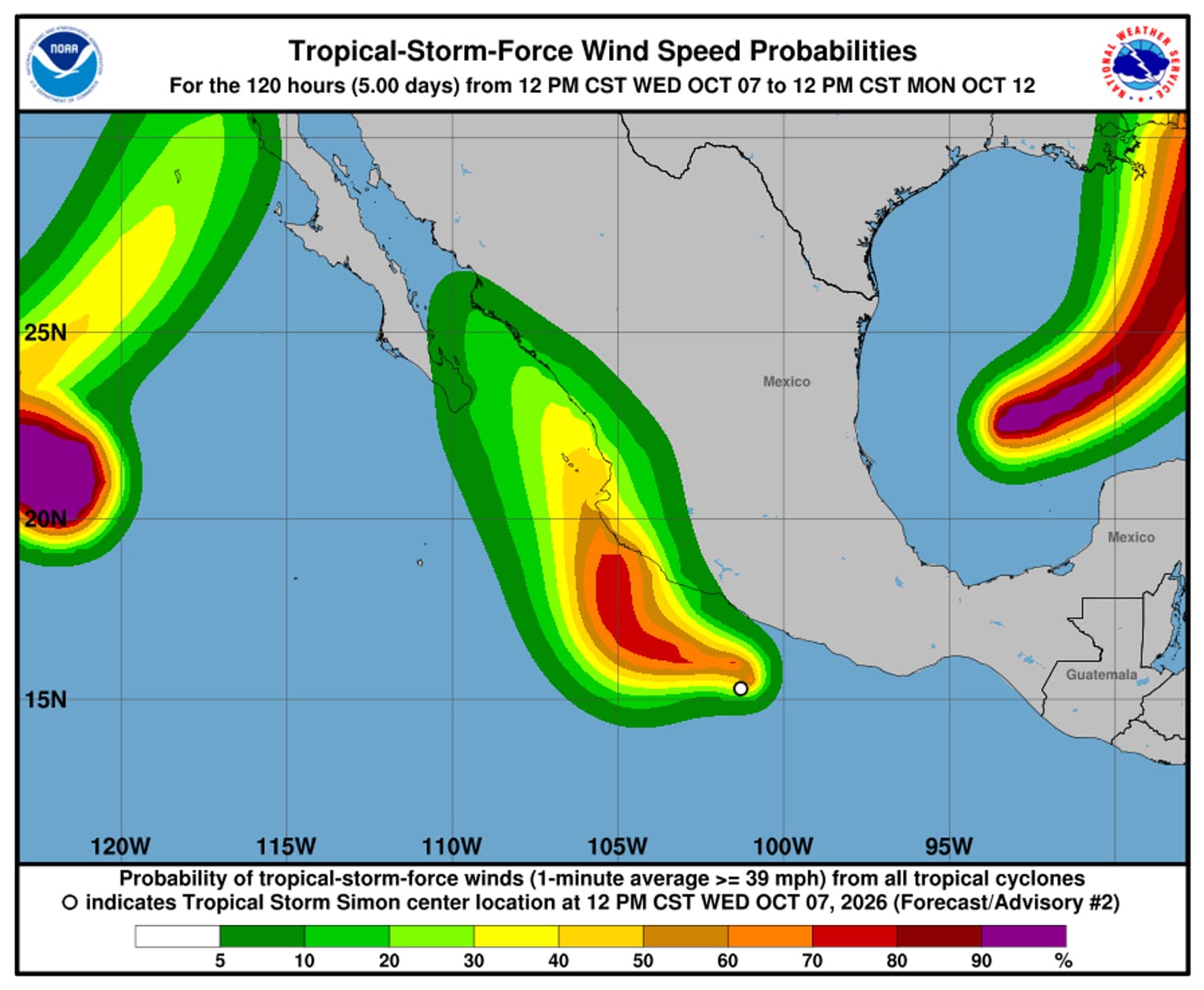 Imagen difundida por la Oficina Nacional de Administración Oceánica y Atmosférica (NOAA) estadounidense de la tormenta tropical Simón (c) que se formó el miércoles en el Pacífico mexicano y se aproxima a las costas del oeste de México. (EFE/ NOAA)