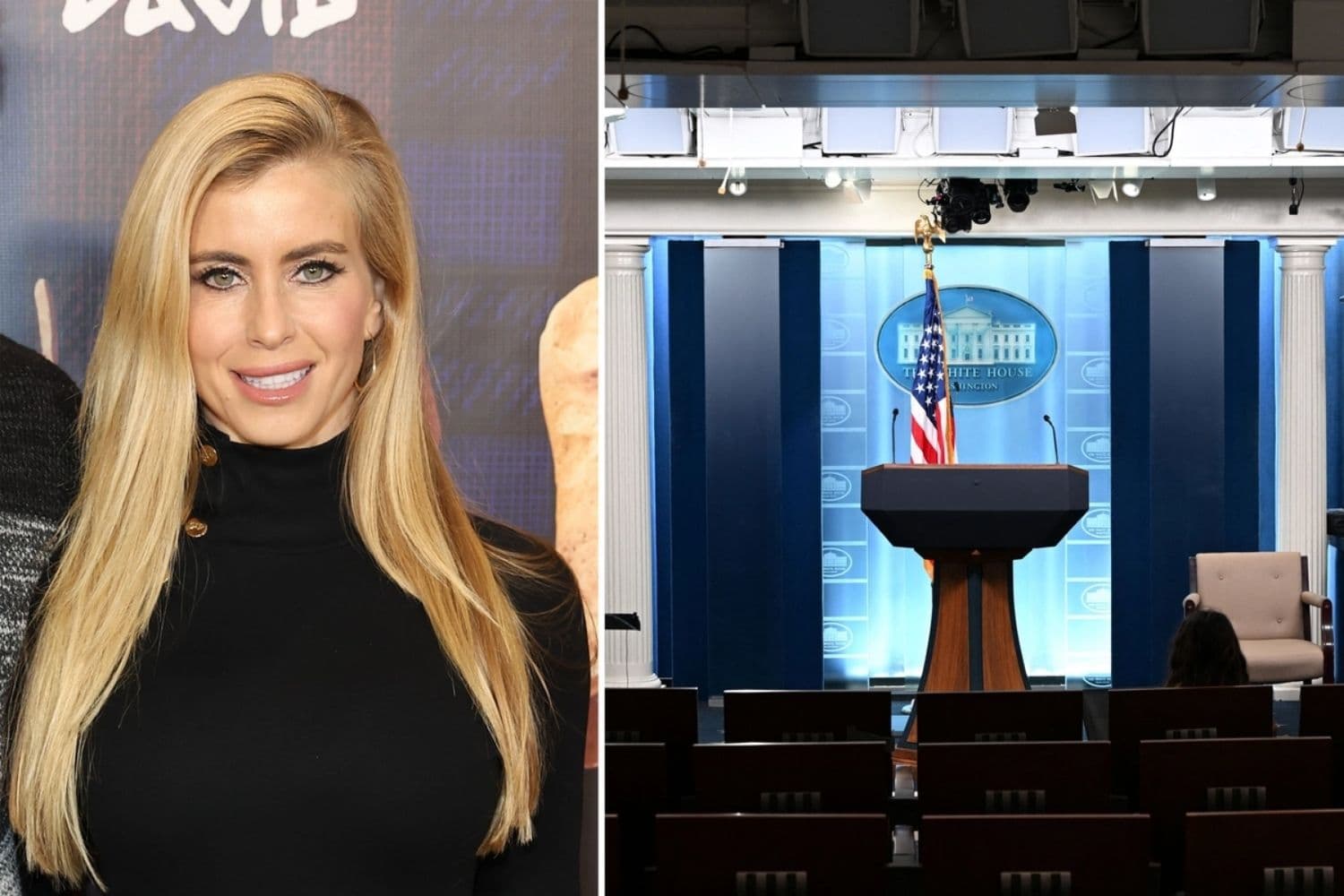 (Izquierda) Katie Zacharia asiste a un estreno en Franklin, Tennessee, el 14 de diciembre de 2025. (Derecha) La sala de prensa James S. Brady en la Casa Blanca el 21 de septiembre de 2026. (Terry Wyatt/Getty Images para 2521 Entertainment y Angel Studios, Alex Wroblewski/AFP vía Getty Images)