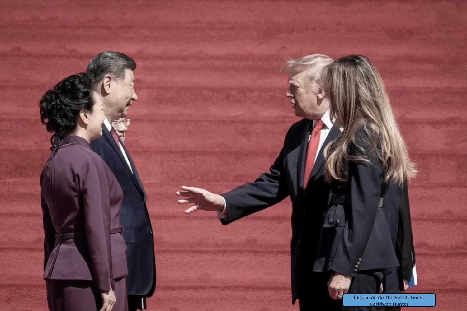 El presidente de EE. UU. Donald Trump, la primera dama Melania Trump, el líder chino Xi Jinping y su esposa Peng Liyuan, durante una visita a los Archivos Nacionales de EE. UU. en Washington el 25 de septiembre de 2026. (Madalina Kilroy/The Epoch Times).