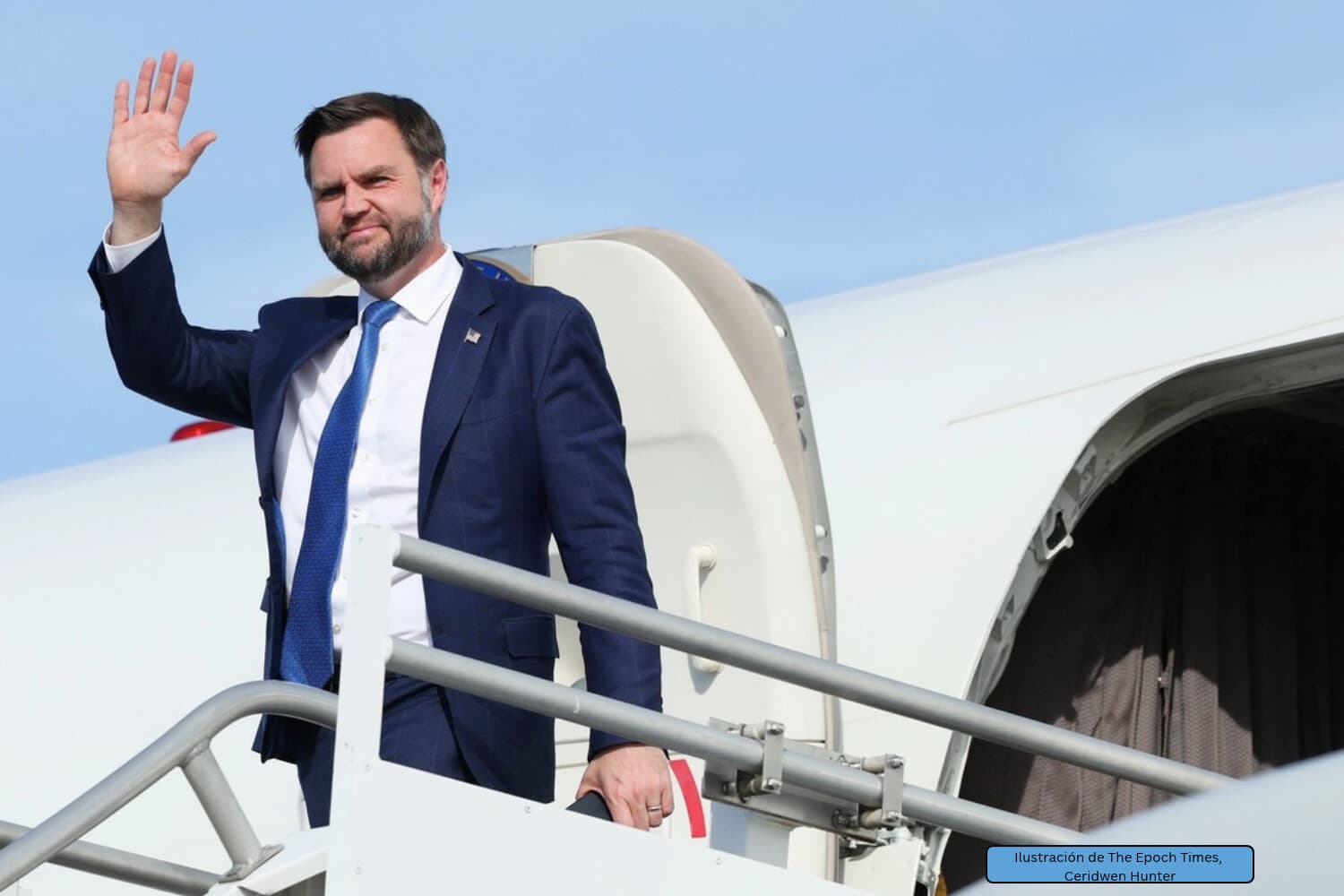 El vicepresidente JD Vance abandona el Air Force Two en el Aeropuerto Internacional de Cincinnati/Northern Kentucky tras un mitin celebrado en Lima, Ohio, en Hebron, Kentucky, el 9 de octubre de 2026. (Samuel Corum/Getty Images).
