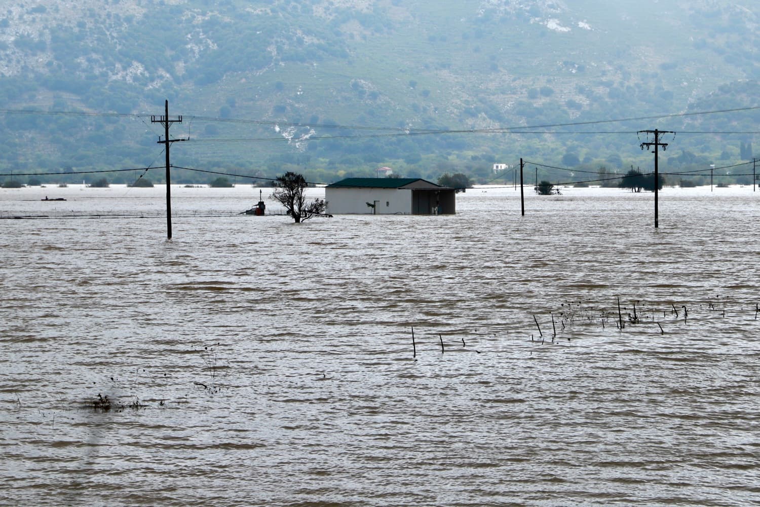 Imagen del pasado 4 de octubre de tierras de cultivo inundadas en la meseta de Lasithi tras el temporal que azotó Creta, Grecia. (EFE/EPA/NIKOS CHALKIADAKIS)