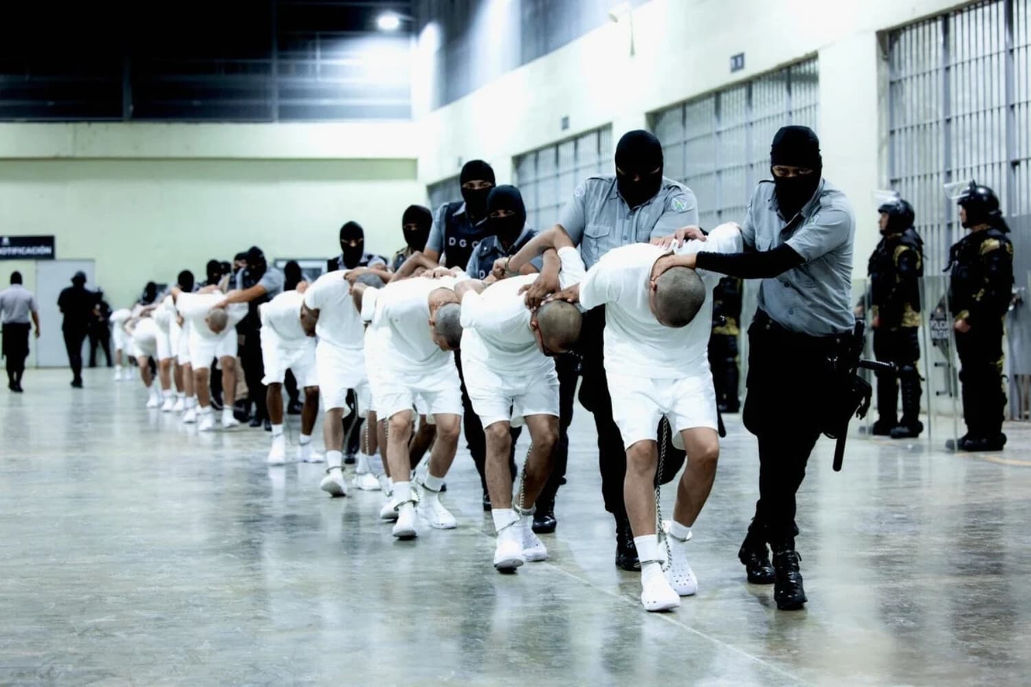 Policías salvadoreños escoltan a miembros del Tren de Aragua deportados por el gobierno de EE. UU. para ser encarcelados en el Centro de Confinamiento Terrorista (CECOT), como parte de un acuerdo con el gobierno salvadoreño, en Tecoluca, El Salvador, el 16 de marzo de 2025. (Secretaría de Prensa de la Presidencia/Folleto vía Reuters).