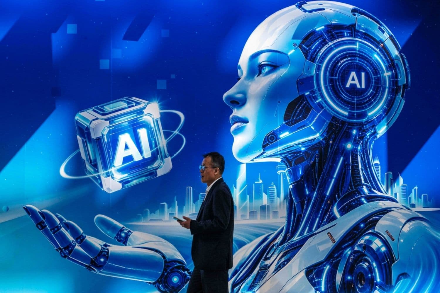 Un visitante pasa junto a una valla publicitaria sobre IA mientras asiste a la PT Expo en Beijing el 22 de septiembre de 2026. (Kevin Frayer/Getty Images)