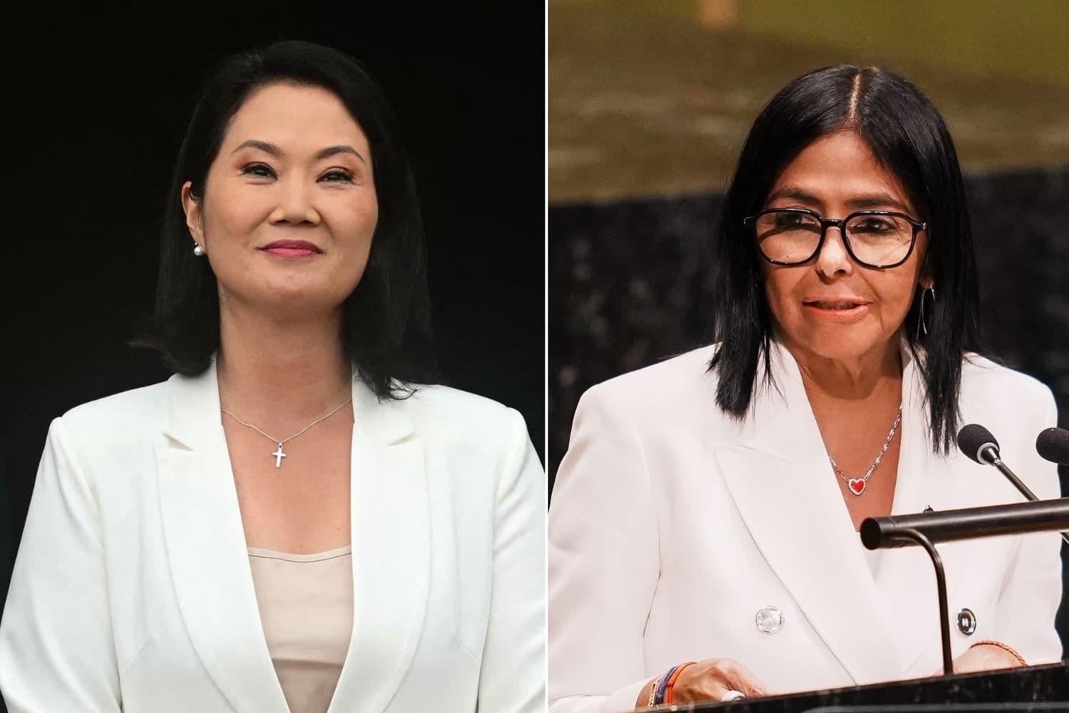 Izq. Presidenta de Perú Keiko Fujimori (ERNESTO BENAVIDES / AFP via Getty Images) Presidenta interina de Venezuela Delcy Rodríguez (Ryan Murphy/Getty Images)