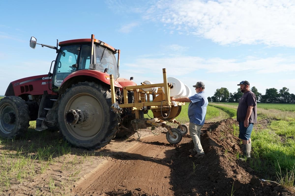 El agricultor Cliff Carter trabaja en un sistema de riego de uno de sus arrozales en Rector, Arkansas, el 5 de junio de 2026. (Karen Pulfer Focht/Reuters)