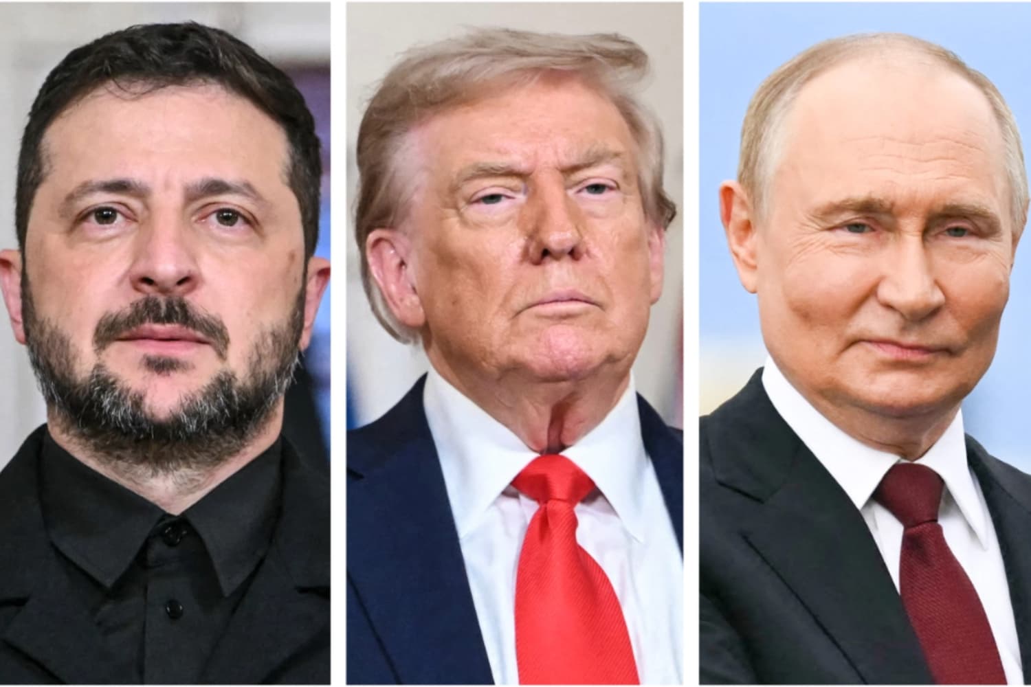 (De Izq. a Der.) Esta combinación de imágenes creada el 18 de agosto de 2025, muestra al presidente de Ucrania Volodímir Zelenski y al presidente de EE. UU. Donald Trump en Washington el 18 de agosto de 2025, y al presidente ruso Vladimir Putin en Anchorage, Alaska el 15 de agosto de 2025. (Andrew Caballero-Reynolds/AFP vía Getty Images)