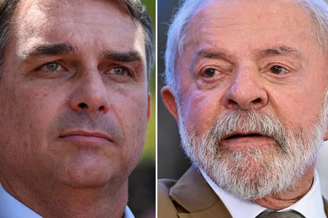 Esta combinación de imágenes de archivo, elaborada el 22 de octubre de 2026, muestra al senador de derecha y candidato presidencial por el Partido Liberal (PL), Flavio Bolsonaro, durante una conferencia de prensa con representantes del Partido Nuevo (NOVO) —que manifestó su apoyo para la segunda vuelta electoral—, celebrada en Brasilia el 7 de octubre de 2026; y (ARCHIVOS) al presidente de Brasil, Luiz Inácio Lula da Silva, haciendo gestos durante una ceremonia en la que se anunciaron inversiones en el estado de Paraná, en el Palacio de Planalto, en Brasilia, el 12 de marzo de 2026. El presidente de Brasil, Lula da Silva, y el senador de derecha Flavio Bolsonaro se enfrentarán en una segunda vuelta electoral el 25 de octubre, una contienda que se ha visto empañada por acusaciones de irregularidades en el uso de las redes sociales. (Evaristo SA y Sergio LIMA / AFP vía Getty Images)