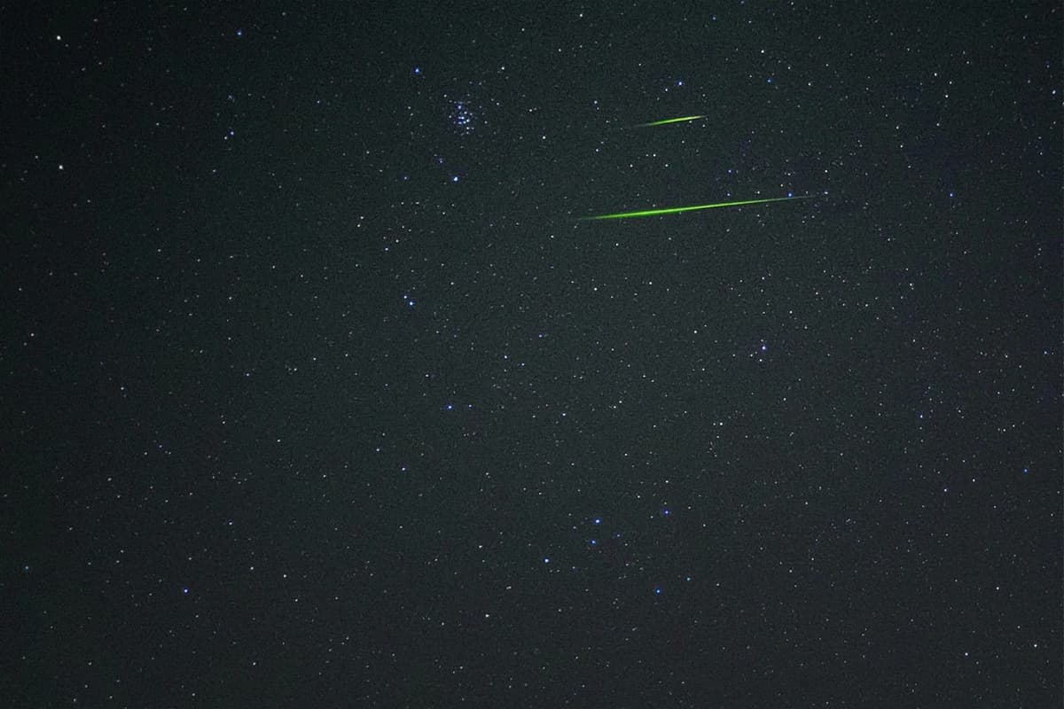 Los brillantes meteoros Leónidas de color verde surcan el cielo nocturno durante la lluvia de meteoros anual de noviembre. (Cortesía de Eliot Herman).