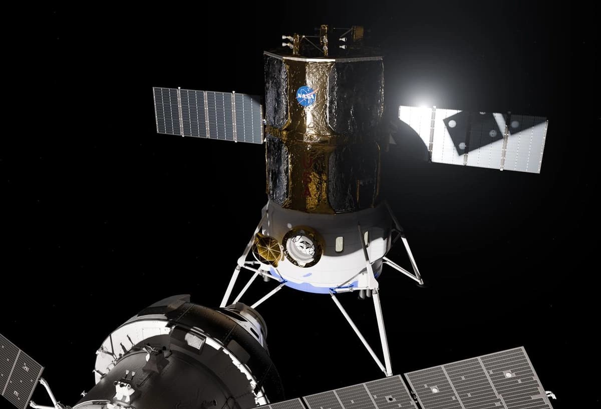 Arte conceptual de la cápsula tripulada Orion del programa Artemis III de la NASA preparándose para acoplarse con el módulo de aterrizaje Blue Moon MK-2 de Blue Origin. (NASA).