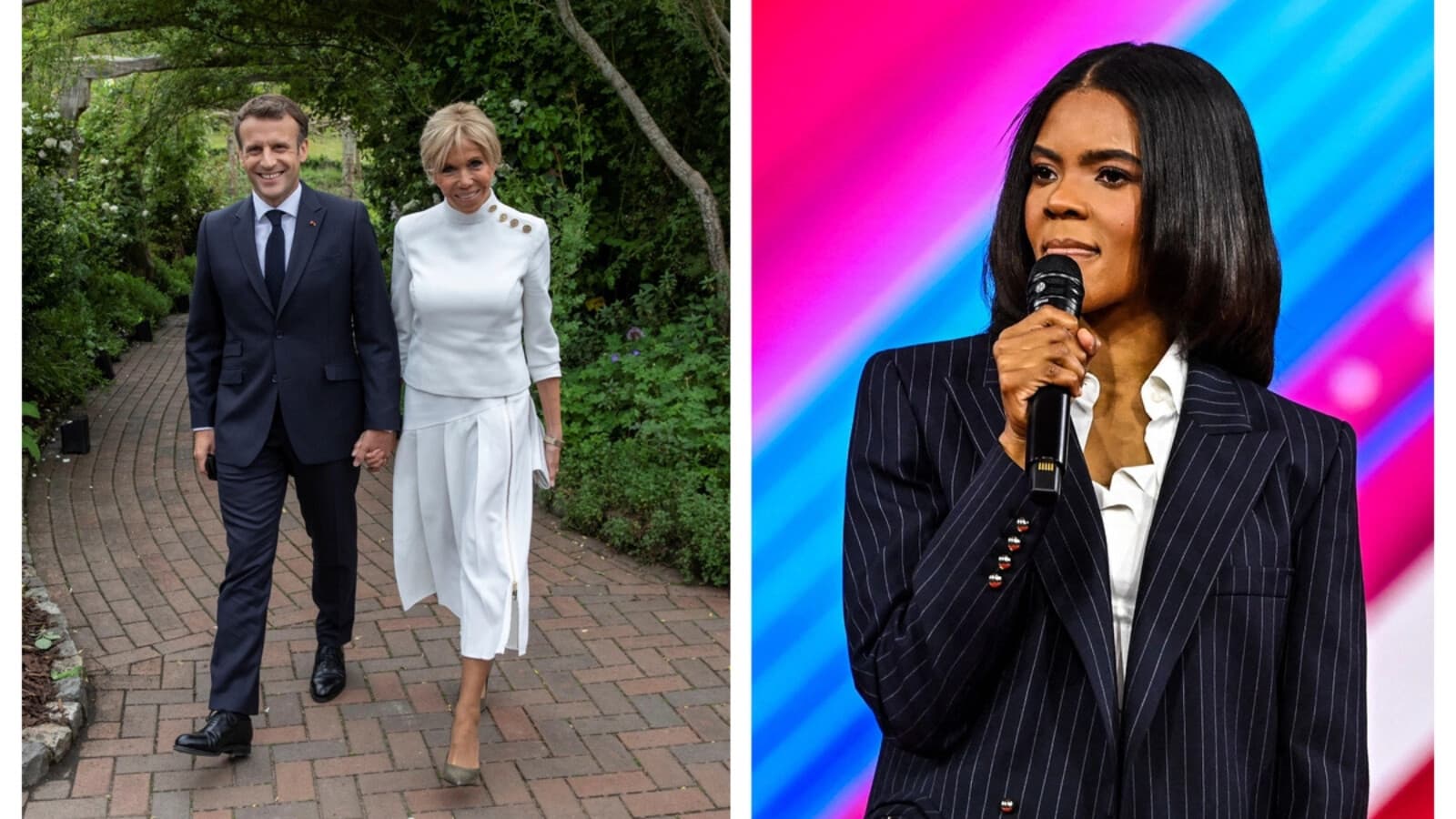(Izquierda) El presidente francés Emmanuel Macron y su esposa, Brigitte Macron, asisten a una recepción en honor a la difunta reina Isabel II y los líderes del G7 en The Eden Project durante la Cumbre del G7 en St Austell, Cornualles, Inglaterra, el 11 de junio de 2021; (Derecha) La comentarista y presentadora de podcasts estadounidense Candace Owens interviene en la Conferencia de Acción Política Conservadora 2022 (CPAC) en Orlando, Florida, el 25 de febrero de 2022. (Jack Hill - WPA Pool/Getty Images; Chandan Khanna/AFP vía Getty Images).