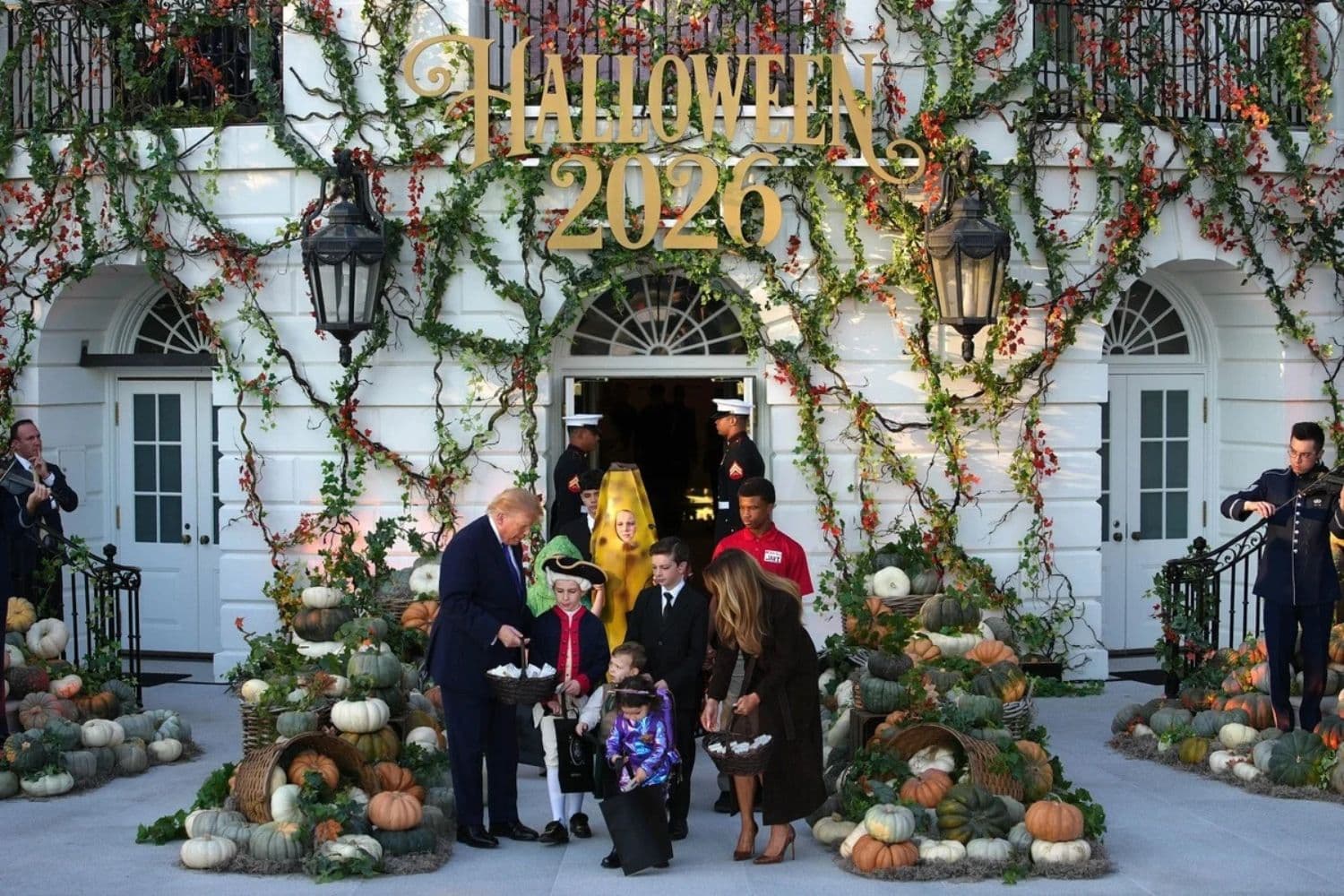 El presidente Donald Trump y la primera dama Melania Trump reparten caramelos mientras dan la bienvenida a los niños durante el evento "Halloween en la Casa Blanca" en Washington el 29 de octubre de 2026. (Andrew Harnik/Getty Images)