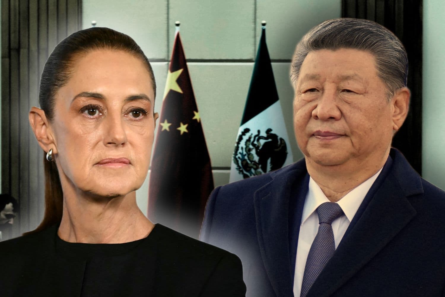 Imagen ilustrativa: Fondo, banderas de México y China (ason Lee - Pool/Getty Images) Izq. Presidenta de México Claudia Sheinbaum. ( YURI CORTEZ / AFP via Getty Images) Dcha. Líder chino Xi Jinping (Kai Naito / POOL / AFP via Getty Images)