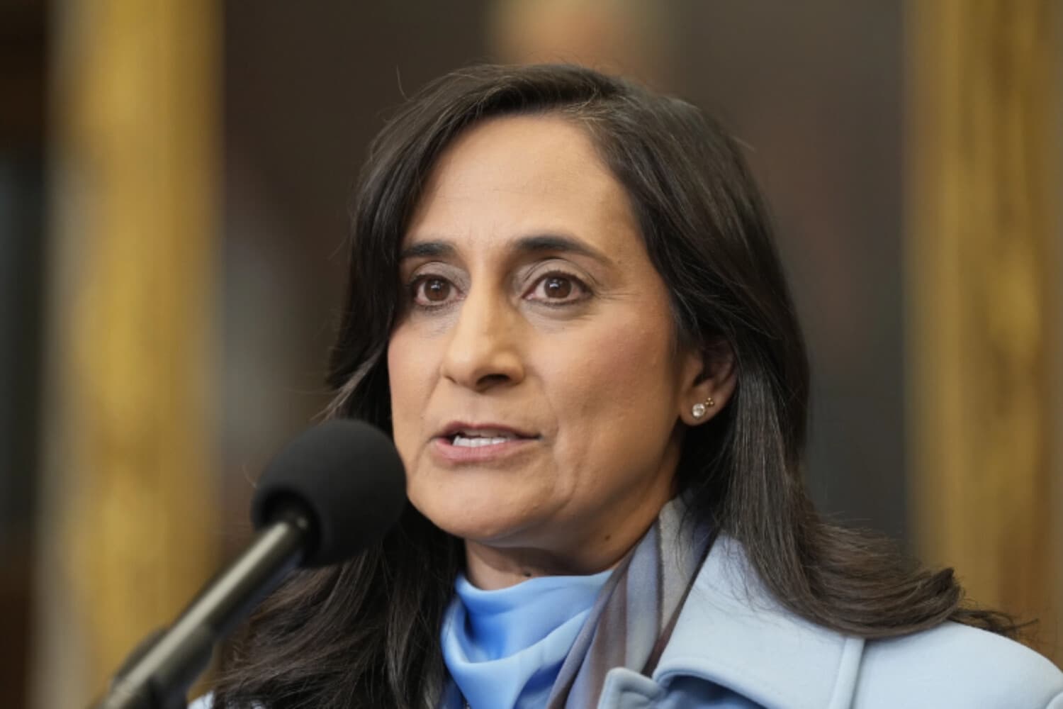 La ministra de Asuntos Exteriores, Anita Anand, habla con los periodistas antes de la sesión de preguntas en el Parlamento de Ottawa el 15 de junio de 2026. (The Canadian Press/Adrian Wyld).